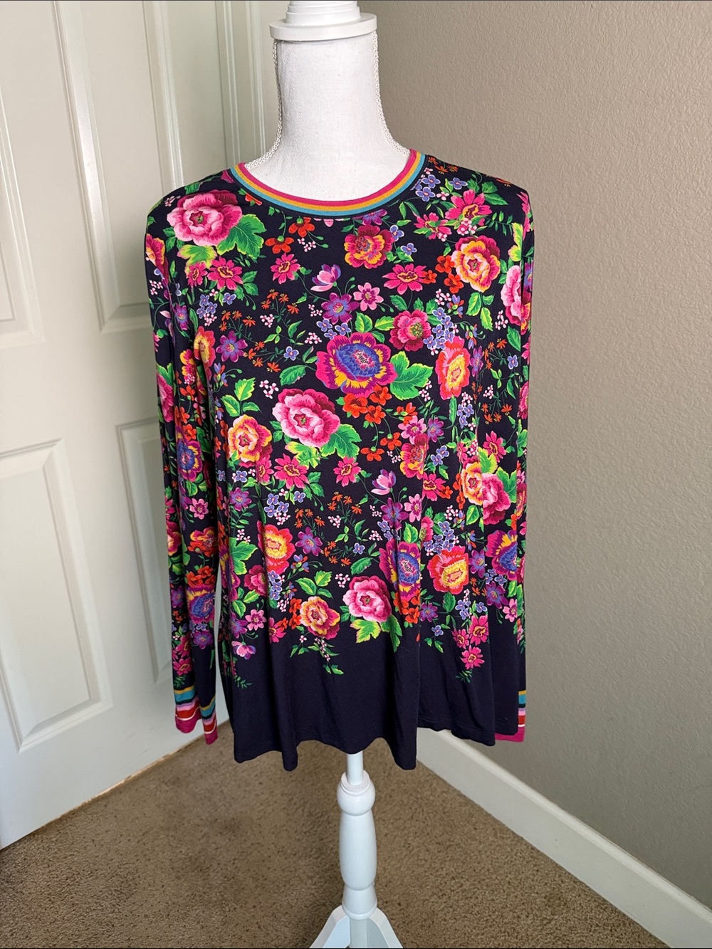 Johnny Was Black Multi Floral Long-Sleeve Tee